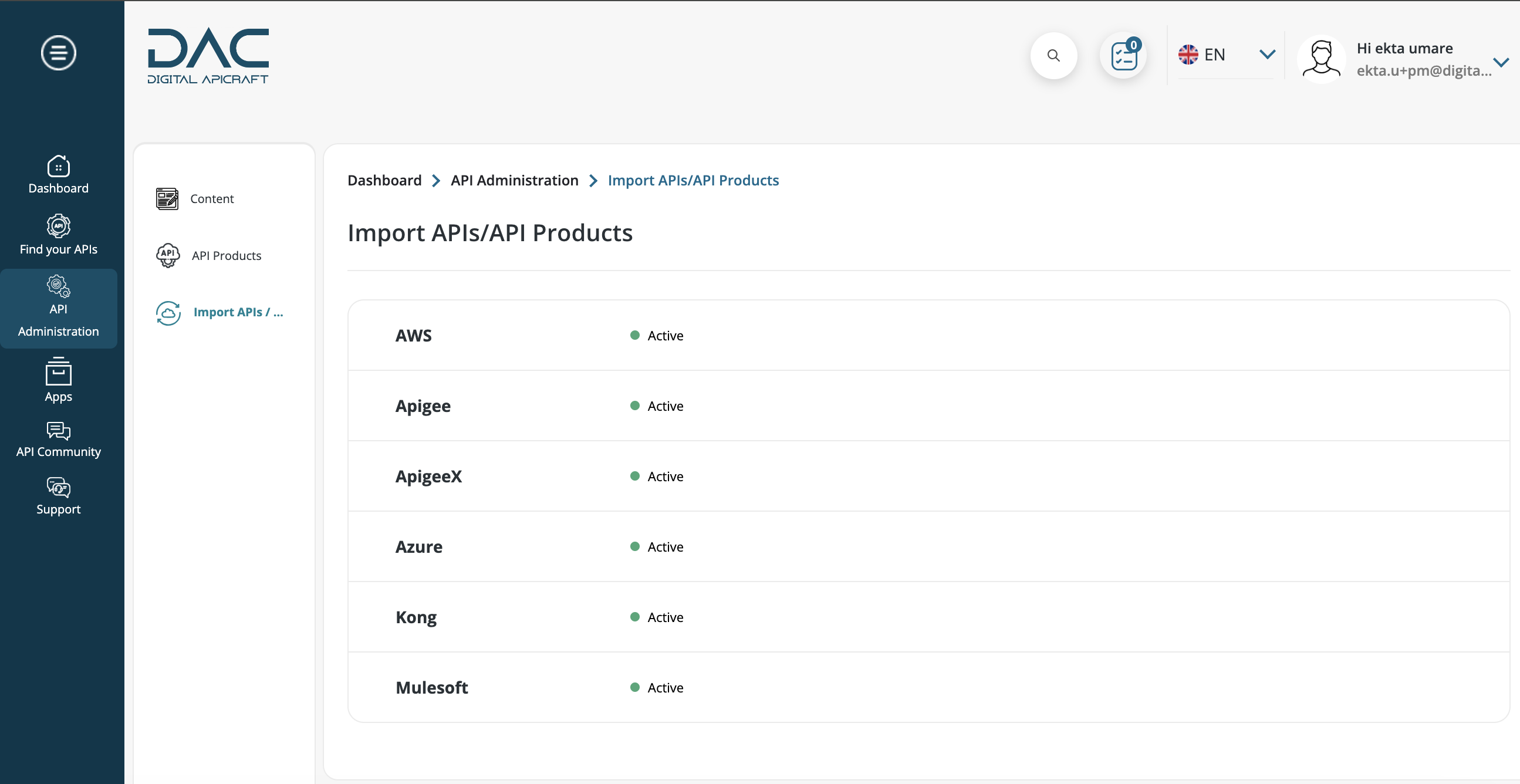 Import APIs page